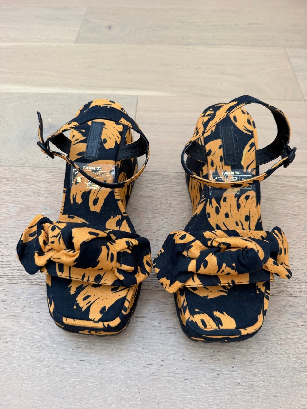 FARM Rio Mustard and Black Knot Front Block Heel Sandals